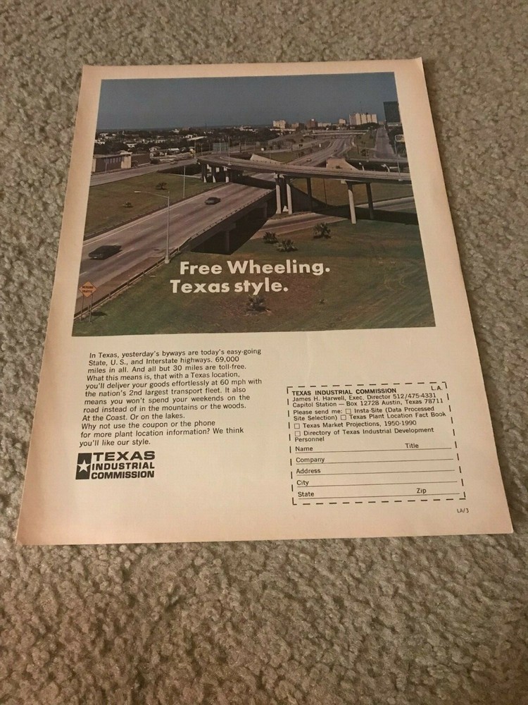 Vintage 1973 TEXAS INDUSTRIAL COMMISSION HIGHWAY Poster Print Ad 1970s RARE