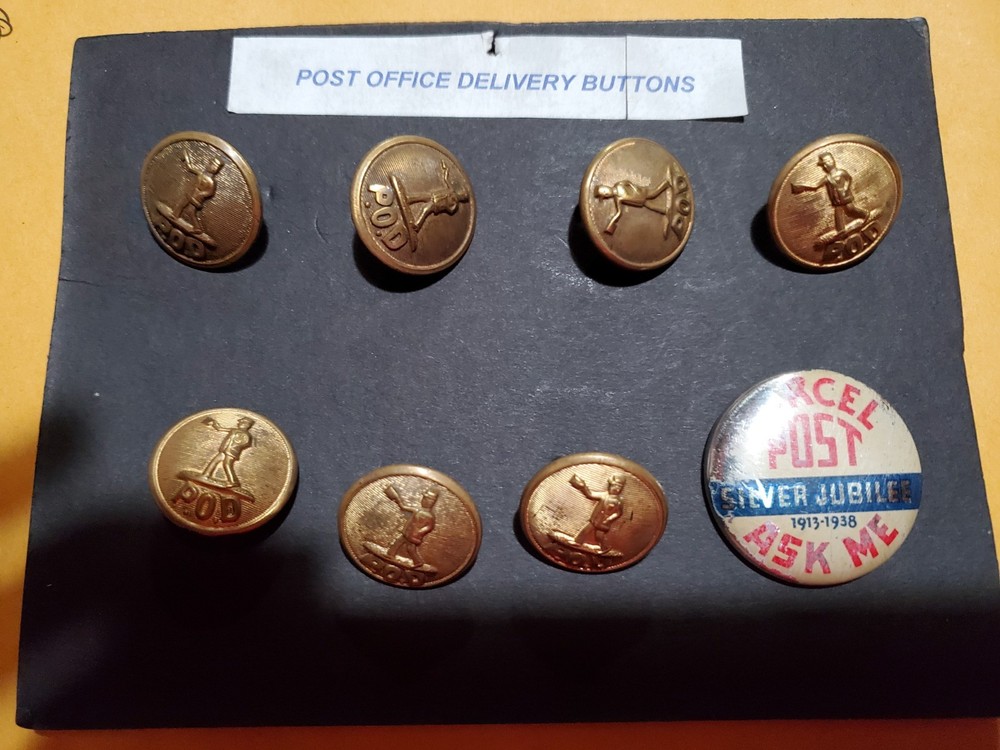 Post Office Delivery POD Buttons and pin from 1938.