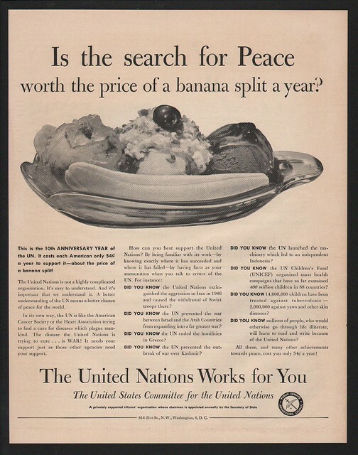 1955 UNITED NATIONS 10th Anniversary – COSTS ONLY 54 CENTS PER YEAR – VINTAGE AD