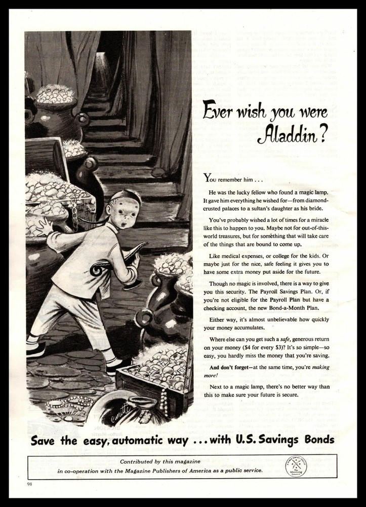 1947 U.S. Savings Bonds Ever Wish You Were Alladin? Treasure Chest Gold Print Ad