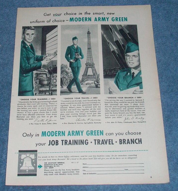 1957 US Army Vintage Recruitment Ad «Get Your Choice in the Smart, New Uniform..