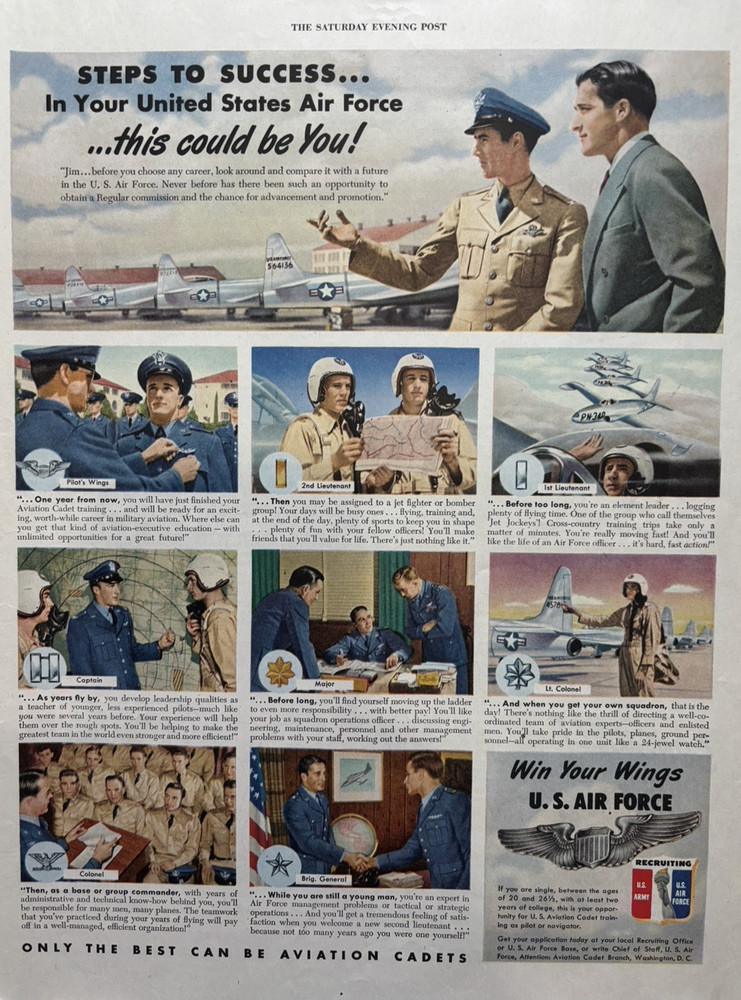 1950 U.S. Air Force Army Recruiting Aviation Cadets Success Fly VTG Print Ad
