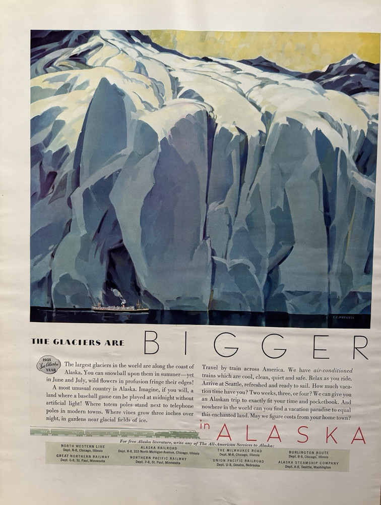 1935 Alaska Travel Railroad Ship Glaciers All American Services VTG Print Ad