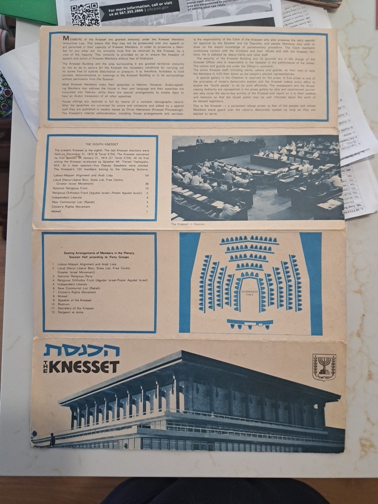 Vintage Israeli Government Pamphlet The 8th Knesset Jerusalem Parliament 1974