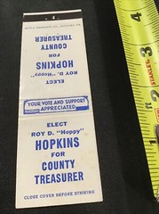 Elect Roy D Hoppy Hopkins for County Treasurer Election Matchbook Cover