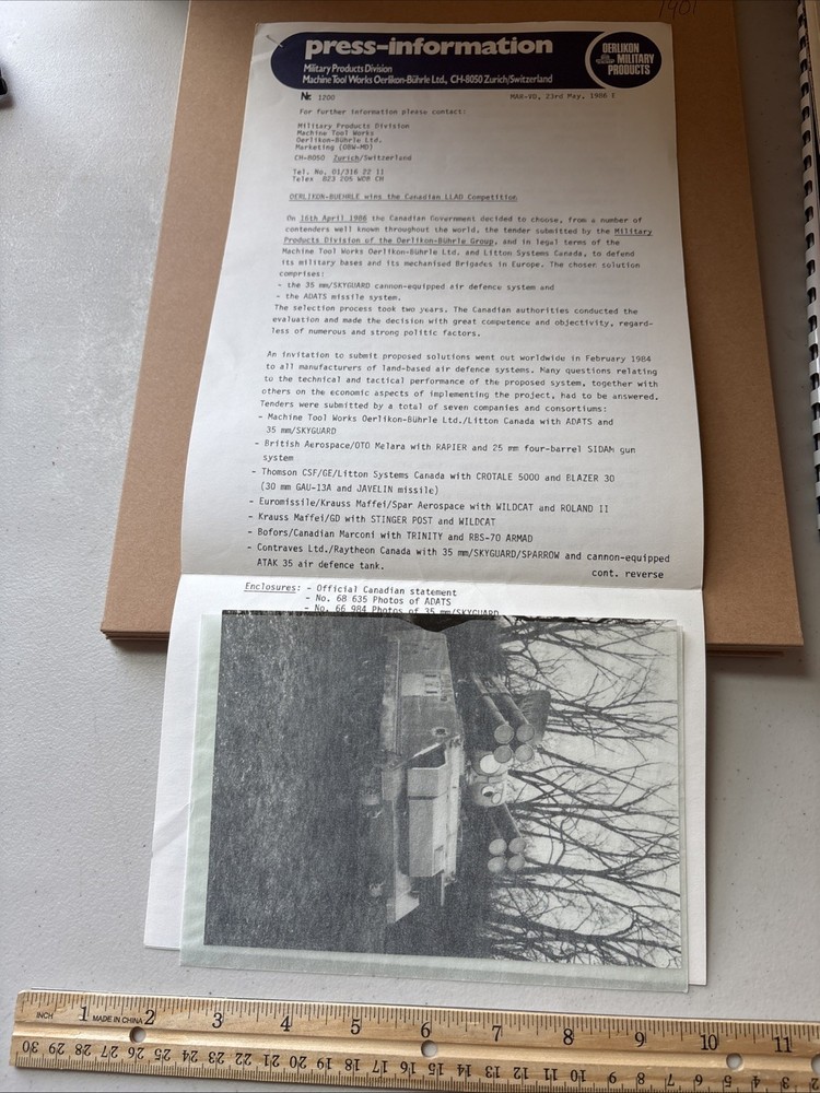 VTG 1986 Oerlikon-Buhrle Canadian Gov’t ADATS Missile System Press Release Photo