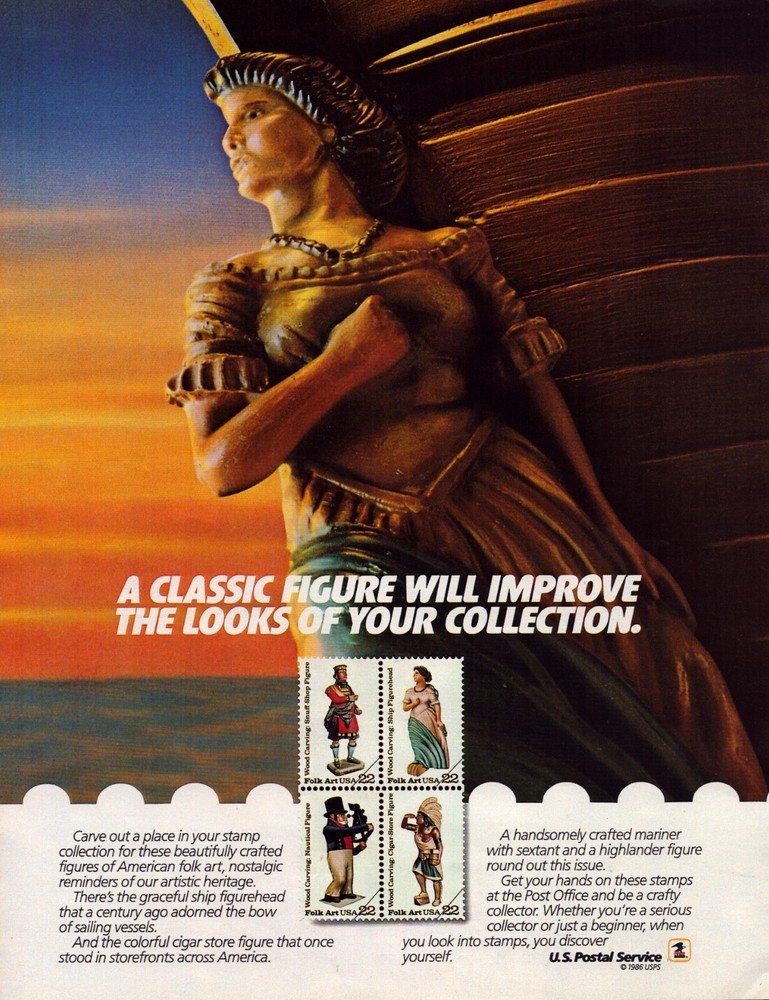 1986 United States Postal Service Print Ad New Stamps Carve Out A Place Ship