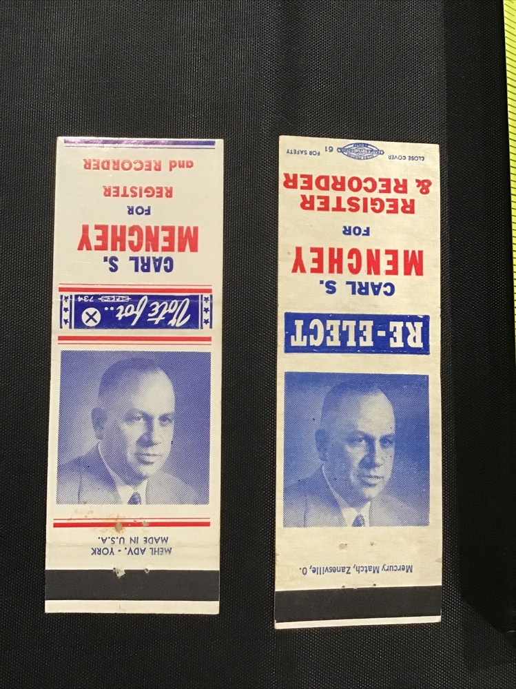 Carl S Menchey for Register & Recorder Election matchbook cover Pair
