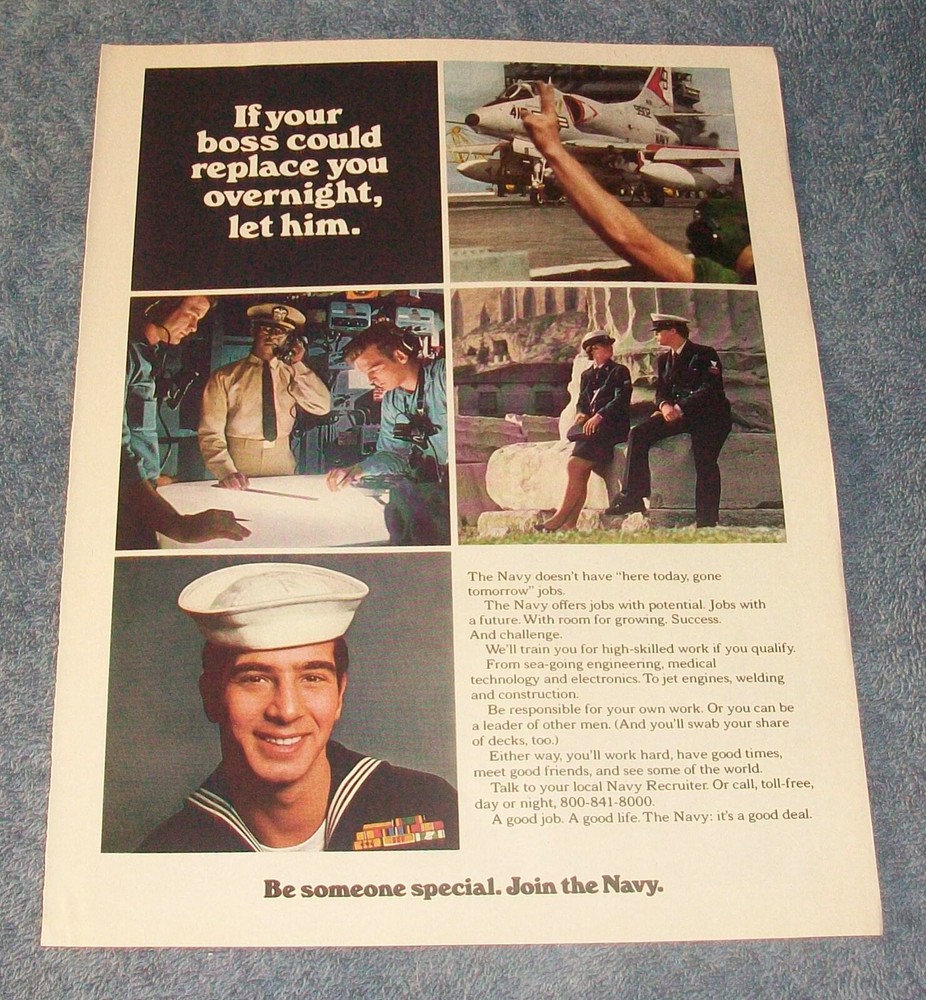 1974 united States Navy Vintage Recruitment Ad «If Your Boss Could Replace…»