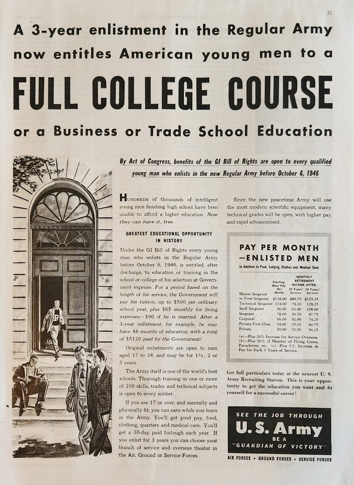 1946 U S Army Guardian of Victory Vintage Ad Full college course