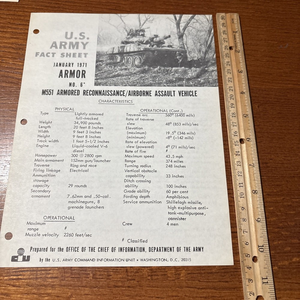 VTG 1971 U.S Army Fact Sheet Armor 6 M551 Armored Reconnaissance Assault Vehicle