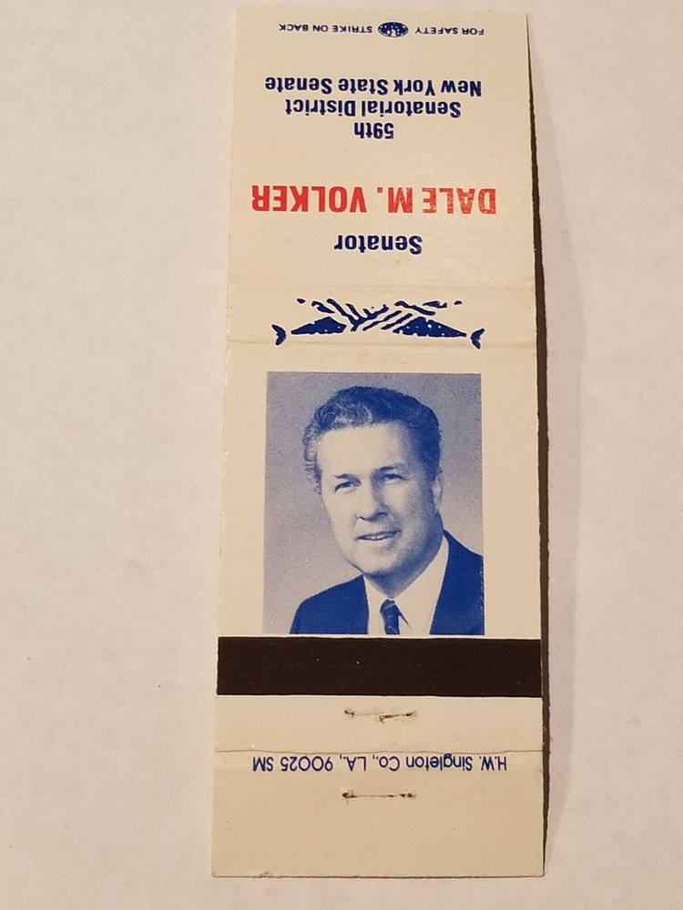 HW Singleton LA Dale M Volker Vintage Matchbook New York State Senate Cover MB9e