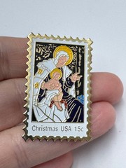 Vintage Christmas USA 15c Madonna Child Religious Stamp Style Lapel Pin