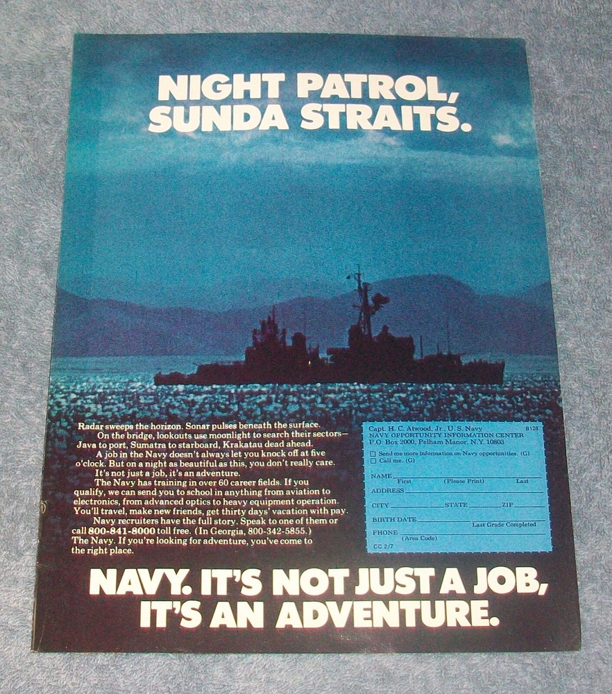 1977 United States Navy Vintage Recruitment Ad «Night Patrol, Sunda Straits.»