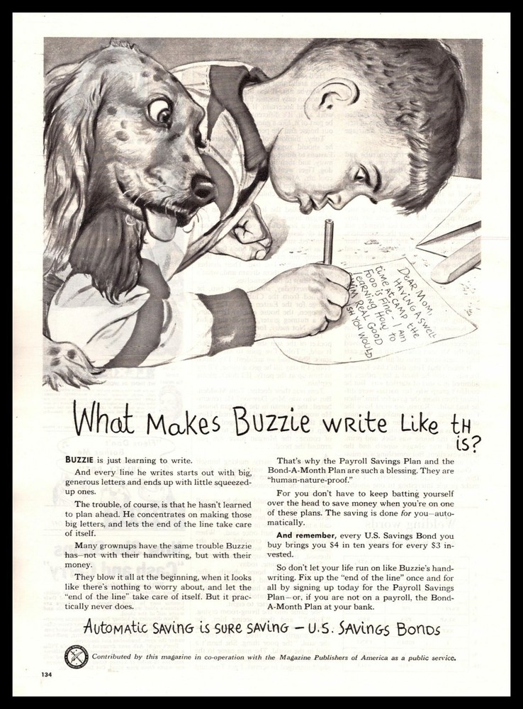 1949 U. S. Savings Bonds Boy & Dog «What Makes Buzzie Write Like This?» Print Ad