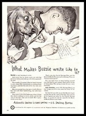 1949 U. S. Savings Bonds Boy & Dog «What Makes Buzzie Write Like This?» Print Ad