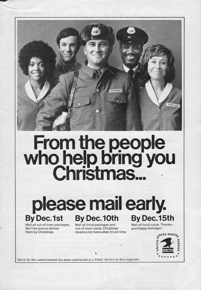 1971 CHRISTMAS AD / U.S. MAIL USE ZIP CODE / POSTAL SERVICE / POSTAL WORKERS