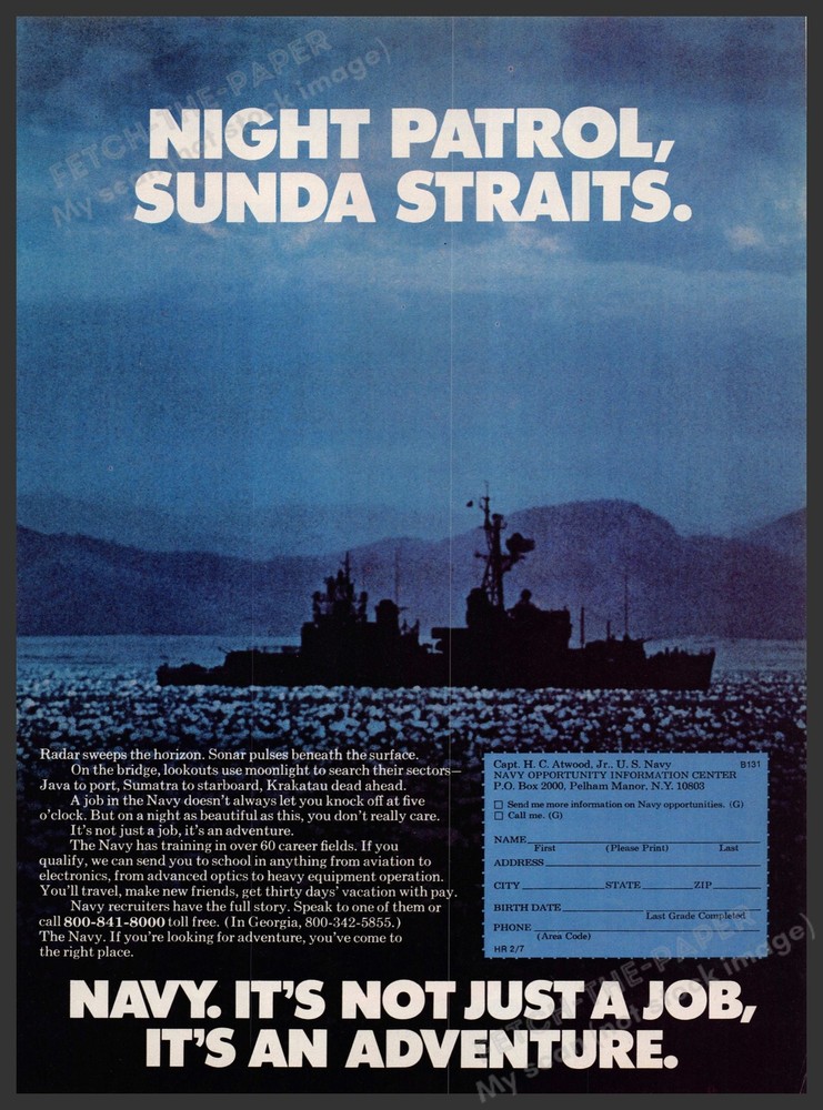 Navy 1970s Magazine Print Advertisement 1977 Night Patrol Sunda Straits