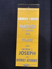 George A Joseph for District Attorney Election Vote Matchbook Cover