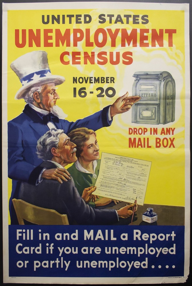 1937 United States Unemployment Census Uncle Sam Poster Depression Era Vintage