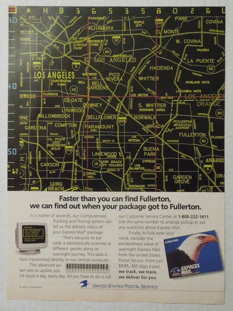 1993 UNITED STATES POSTAL SERVICE Express Mail Computer Tracking Magazine Ad