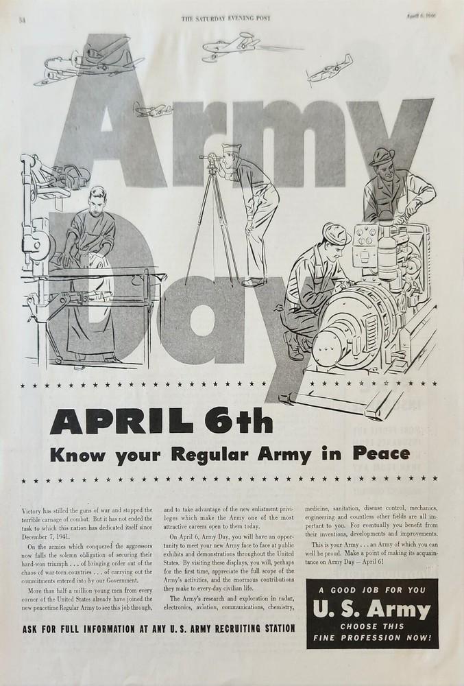 1946 U S Army Recruiting Station Vintage Ad April 6th Army Day