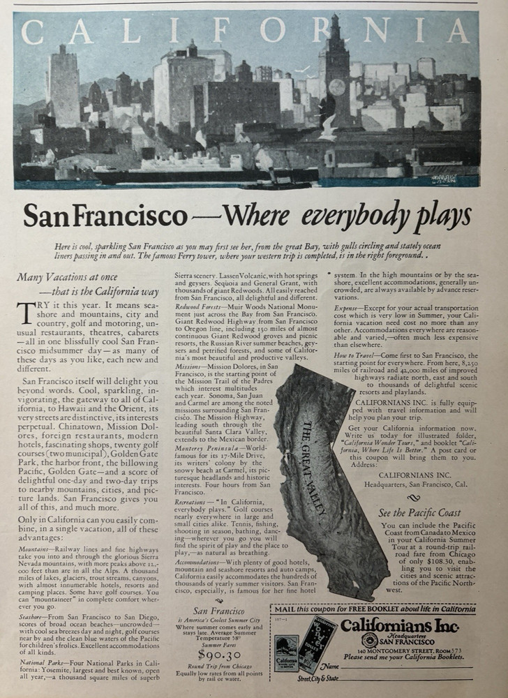1926 Californians Inc San Francisco Travel Vacations State Bureau VTG Print Ad