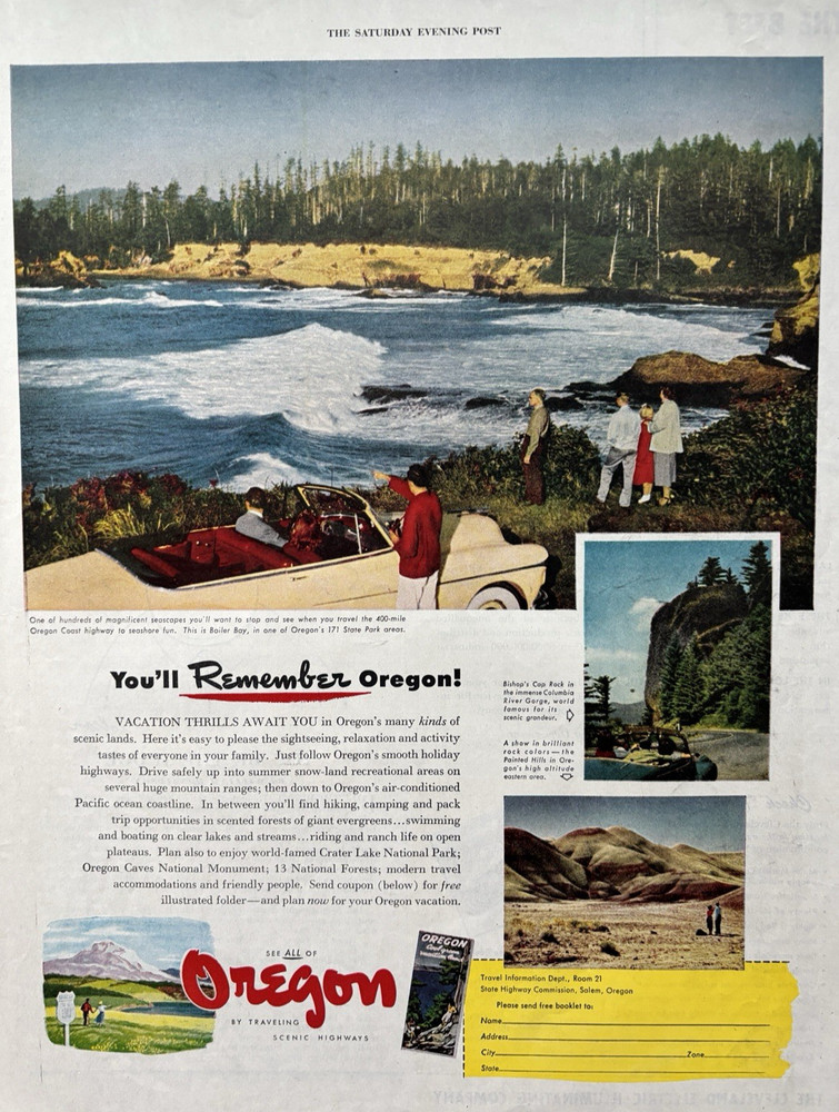 1951 Oregon state highway Comm Boiler Bay Coast Travel Sightsee VTG Print Ad