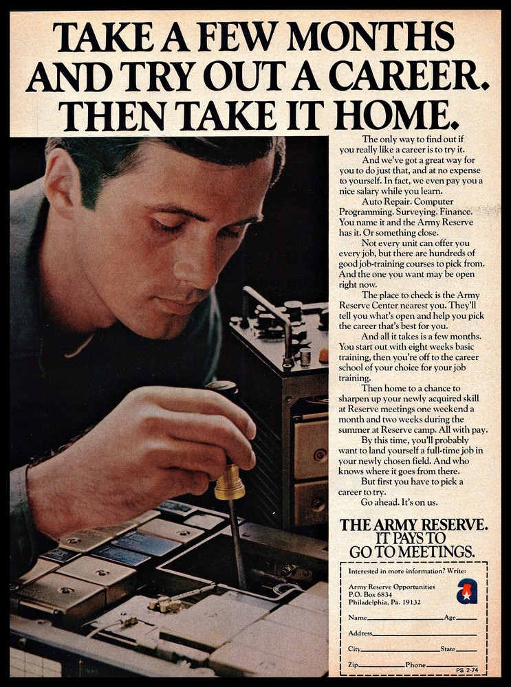1974 The Army Reserve Career Opportunities Repairman Vintage PRINT AD 1970s