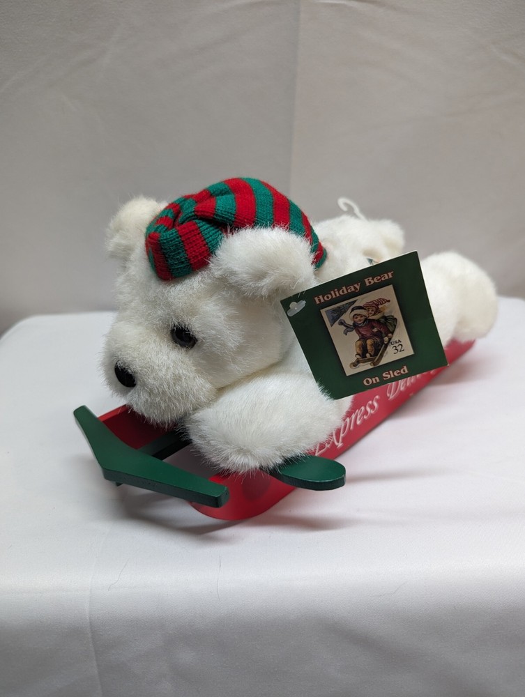1995 USPS EXPRESS DELIVERY WHITE PLUSH CHRISTMAS TEDDY BEAR ON WOODEN SLED 11.5″