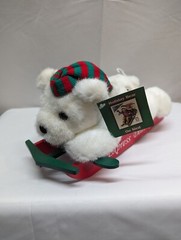 1995 USPS EXPRESS DELIVERY WHITE PLUSH CHRISTMAS TEDDY BEAR ON WOODEN SLED 11.5″