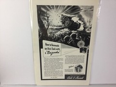 1943 Bell & Howell Motion Picture Cameras & Projectors Print Ad. Bazooka a tank.