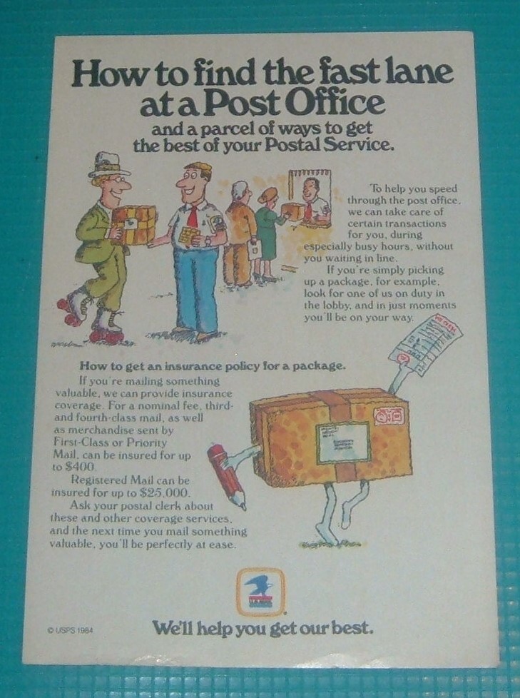 1984 PRINT AD ~ MAN ROLLER SKATING into POST OFFICE Fast Lane Green Suit