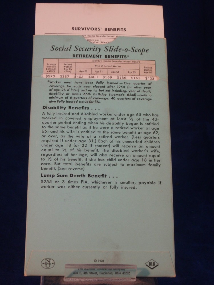Social Security Slide-o-Scope Survivor’s Benefits card/tool Vintage from 1970