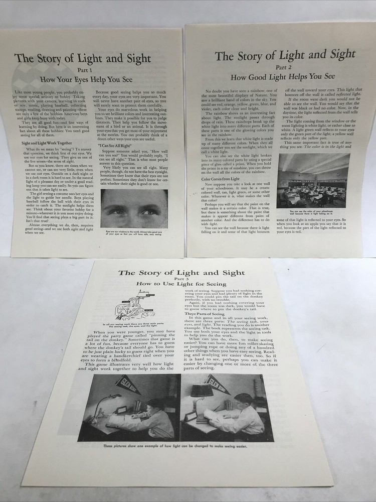 1949 THE STORY OF LIGHT AND SIGHT Part 1 2 & 3 Government/Industry Info Brochure