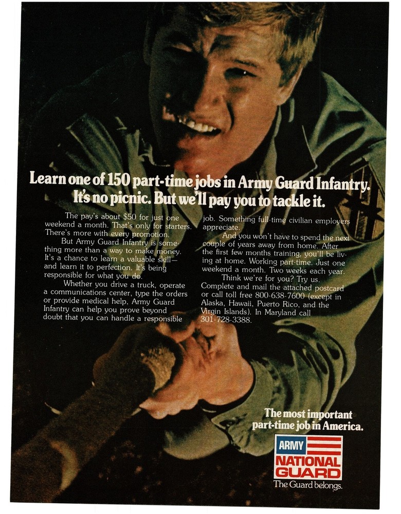 1977 US ARMY NATIONAL GUARD Recruiting Enlistment Soldier Climbs Rope Print Ad
