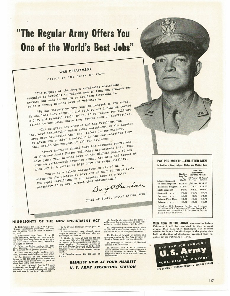1946 US Army Recruiting Enlistment General Dwight Eisenhower Vintage Print Ad