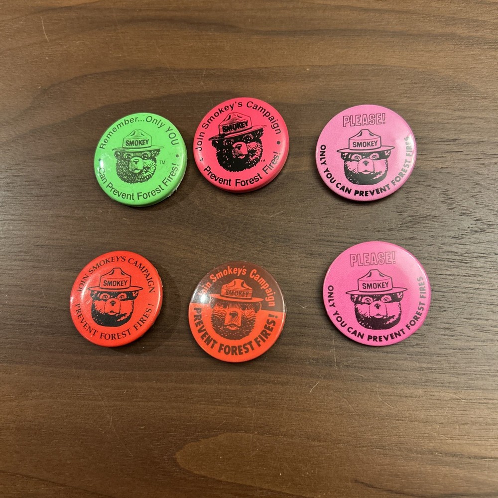 Smokey The Bear Vintage Pin/button Lot Of 6 From The 50’s And 60s