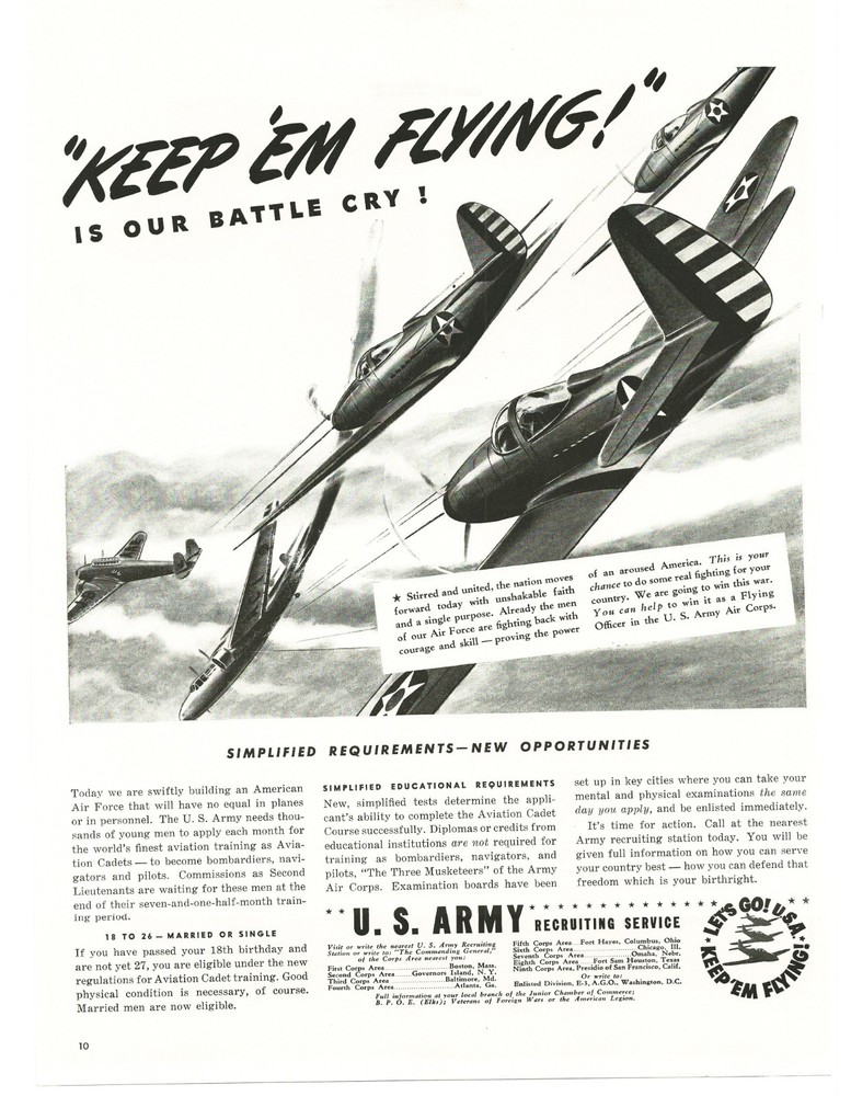 1942 US Army Recruiting Air Corps WW2 Print Ad P-40 Warhawk Keep Em Flying