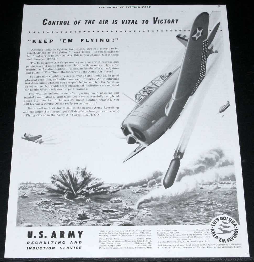 1942 OLD WWII MAGAZINE PRINT AD, U.S. ARMY RECRUITING & INDUCTION, BOMBER ART!