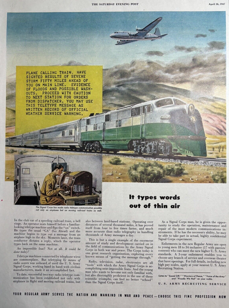 1947 U.S. Army Recruiting Service Plane Train Signal Corps Teletype VTG Print Ad