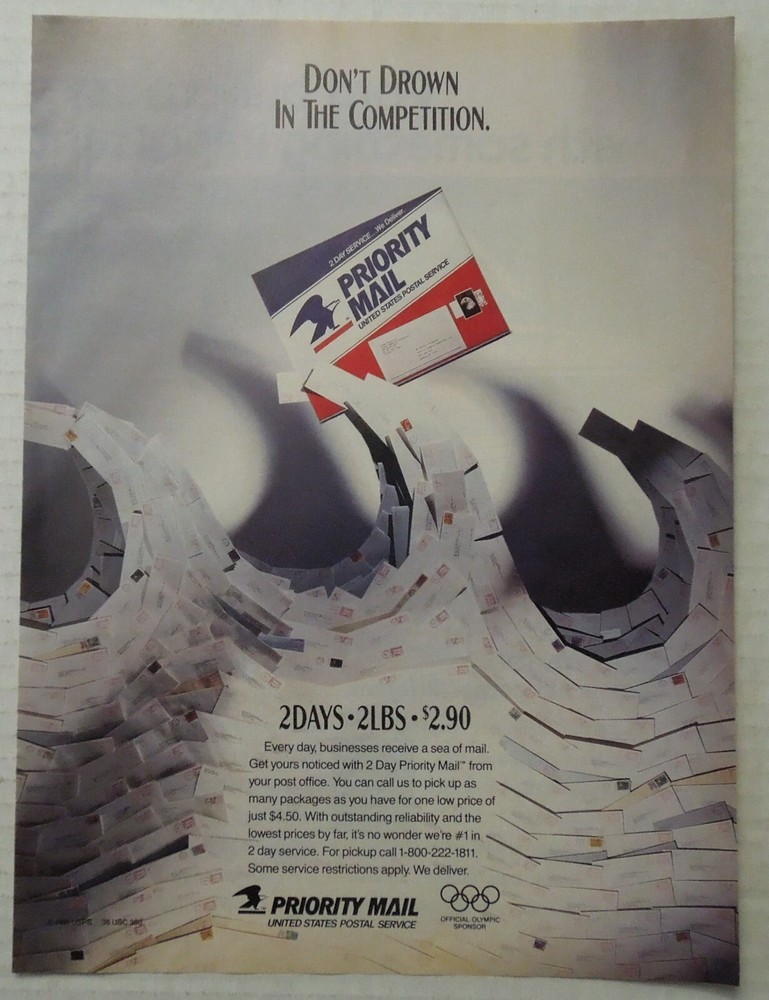 1991 UNITED STATES POSTAL SERVICE USPS Priority Mail Magazine Ad