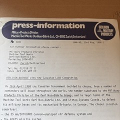 VTG 1986 Oerlikon-Buhrle Canadian Gov’t ADATS Missile System Press Release Photo
