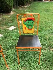 Carnival folk Art Haunted House Cast Iron Wood Back Halloween Chair Set Of 4