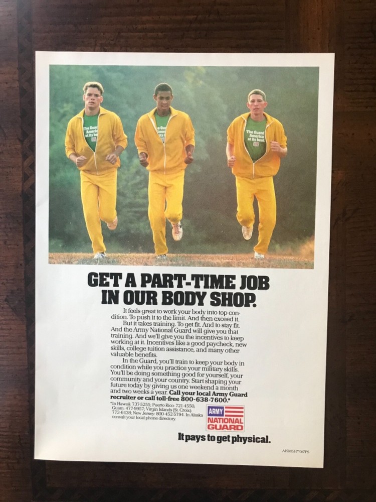 1987 vintage original print ad U.S. Army National Guard, It Pays To Get Physical