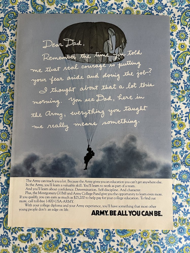 Vintage 1988 Army Recruitment Print Ad Dear Dad: Real Courage