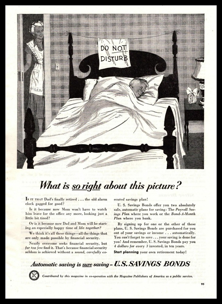 1950 U.S. Savings Bonds Man Sleeping In Bed Do Not Disturb Sign Vintage Print Ad