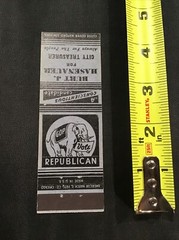 Burt J Hasenauer City Treasurer Republican Elephant GOP Election Matchbook Cover