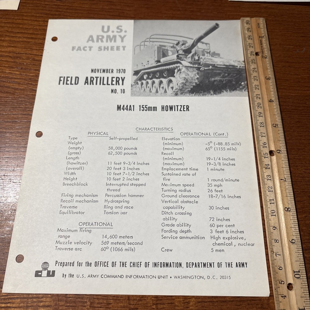 VTG 1970 U.S Army Fact Sheet Field Artillery 10: M44A1 155mm Howitzer Tank