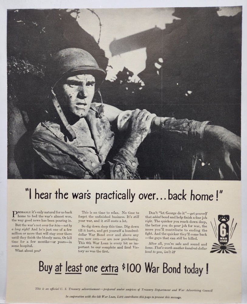 1944 WWII Era Soldier Buy War Bonds Official US Treasury Original Print Ad Life